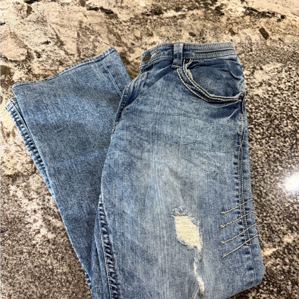 Decree Men’s Straight Leg Jeans in Light Blue Distressed Denim